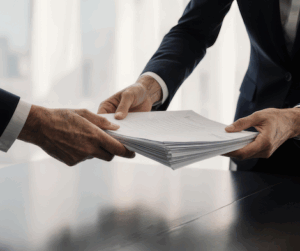 images choix services site Deux hommes d’affaires échangent un dossier symbolisant la transmission d’entreprise et l’accompagnement personnalisé par EnfinFidu