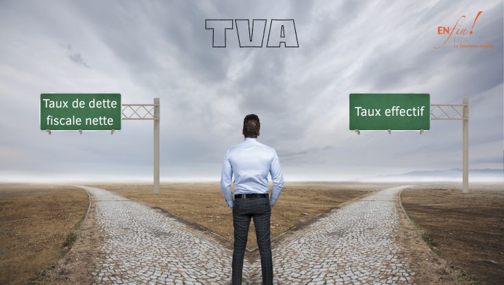 Illustration d’un chef d’entreprise hésitant entre deux routes indiquant « taux de dette fiscale nette » et « taux effectif », symbolisant le choix de régime TVA avec l’accompagnement d’Enfin!Fidu, fiduciaire TVA en Suisse.