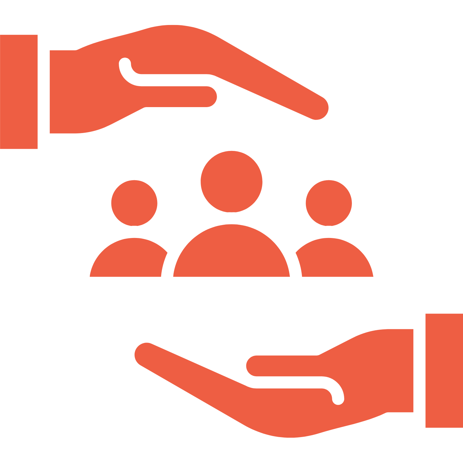 Icône de deux mains protectrices entourant trois collaborateurs, symbolisant la pérennité d’une PME, la protection de l’équipe et l’accompagnement d’Enfin!Fidu.