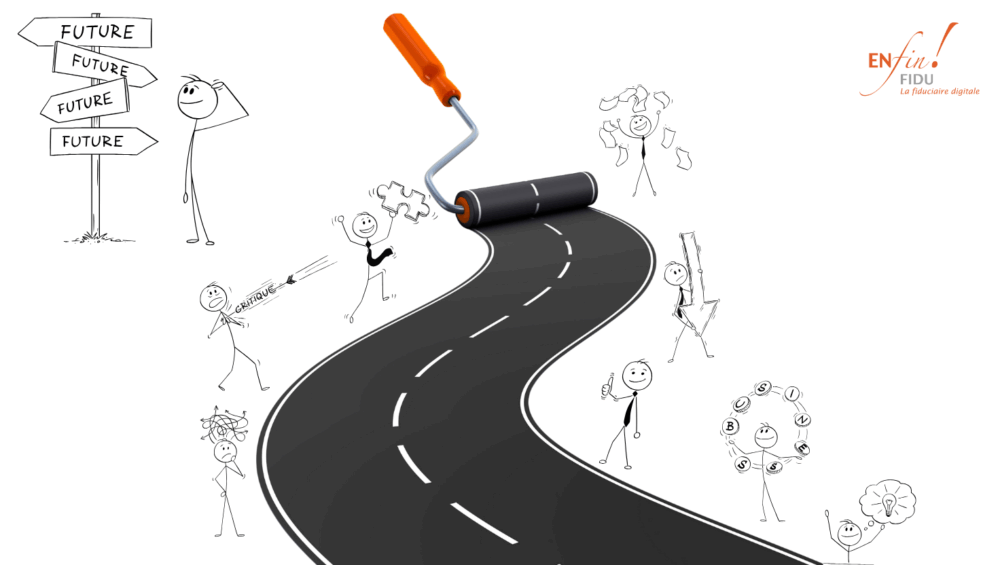 Route tracée au rouleau à peinture symbolisant le parcours de la pérennité PME, avec des illustrations d’entrepreneurs à chaque étape clé et leurs émotions, accompagnés par Enfin!Fidu