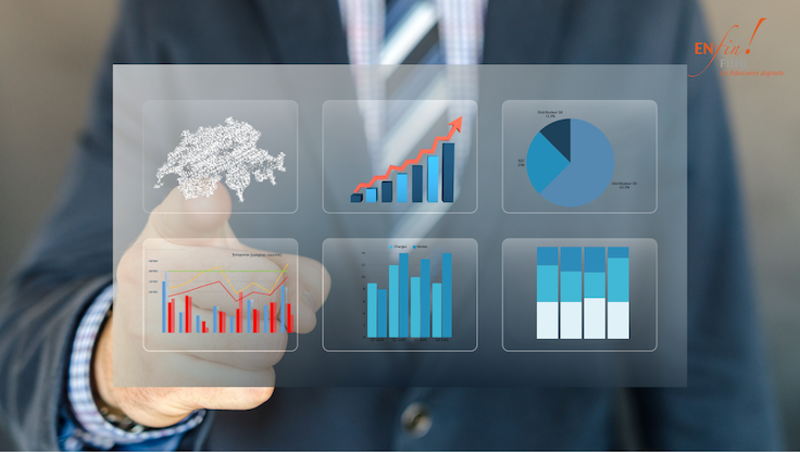 Tableau de bord financier PME avec carte de la Suisse et indicateurs de pilotage, un homme pointe les données pour analyser la performance avec Enfin!Fidu