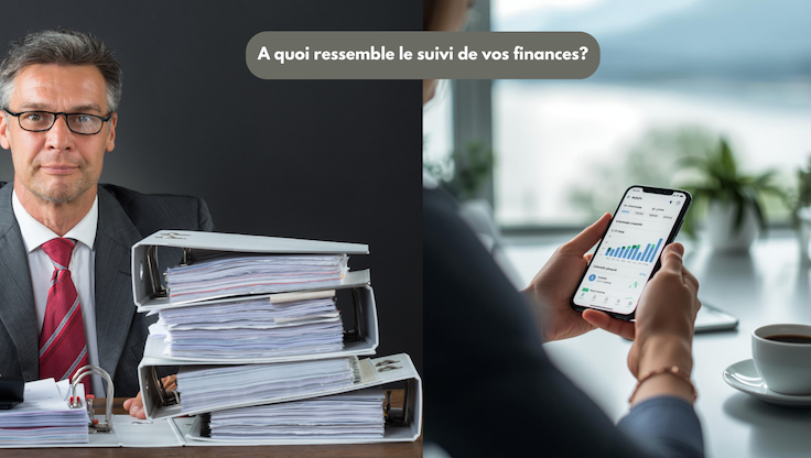 Comparatif suivi financier PME : comptable classeurs papier (gauche) vs dirigeant smartphone dashboard (droite). Fiduciaire digitale Enfin!Fidu