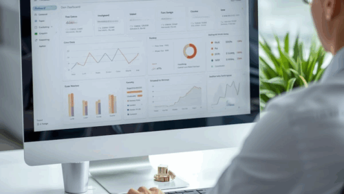 Dirigeant de PME devant un tableau de bord comptable en ligne clair, avec courbes de trésorerie et indicateurs simples, ambiance moderne et lumineuse