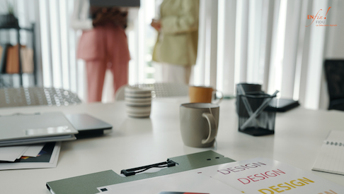 Dossier d’identité visuelle et logo d’une start-up sur un bureau lors d’une réflexion stratégique sur la protection de marque en Suisse