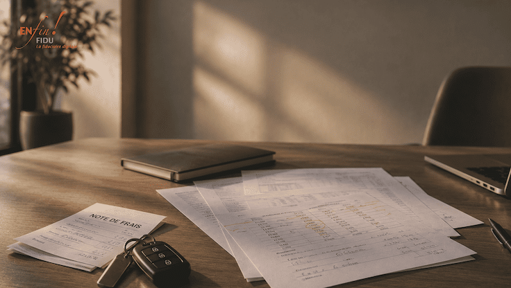 Bureau épuré avec documents comptables, note de frais et clés de voiture illustrant les risques liés au contrôle AVS dans une PME suisse.