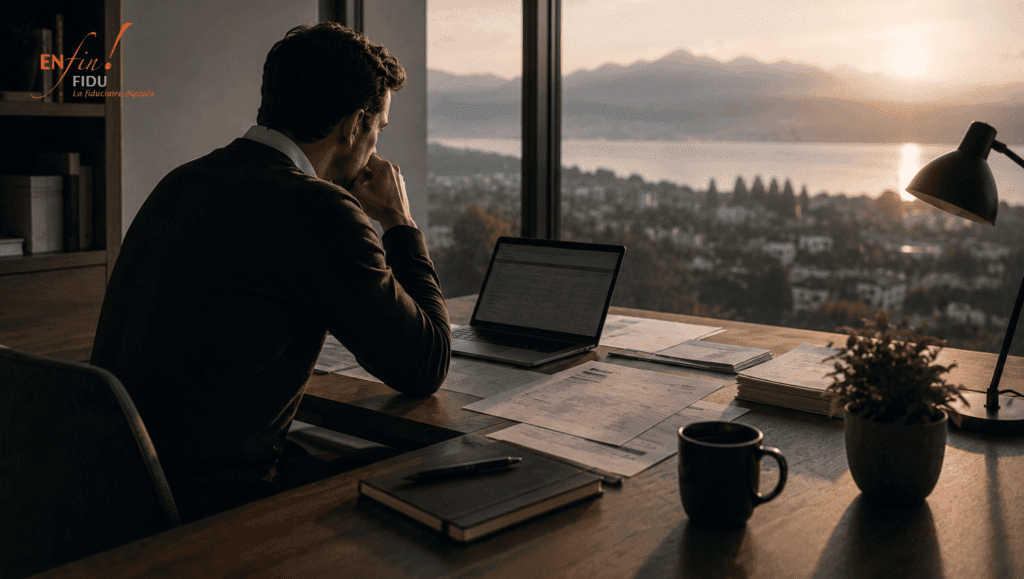 Dirigeant seul au bureau tôt le matin analysant des factures et son écran avec vue sur un lac, gestion du sursis de paiement et impact TVA.