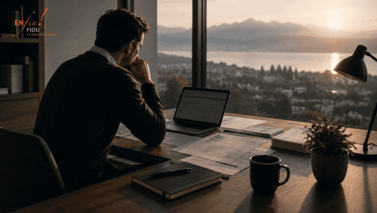 Dirigeant seul au bureau tôt le matin analysant des factures et son écran avec vue sur un lac, gestion du sursis de paiement et impact TVA.