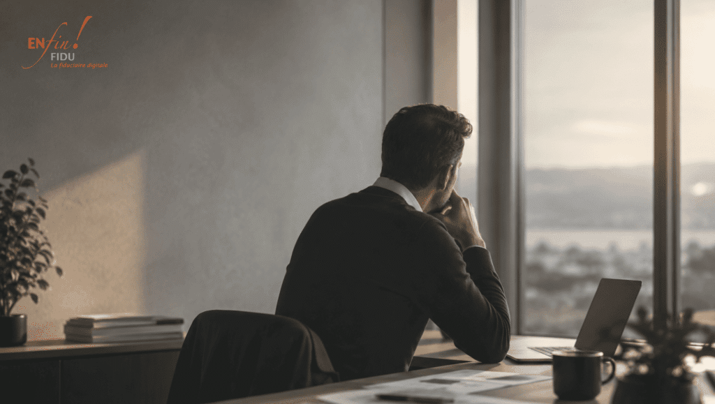 Dirigeant de PME suisse romande observant la ville depuis son bureau en fin de journée, illustrant le besoin de visibilité financière, de concordance comptable et de pilotage TVA dans une entreprise en croissance.