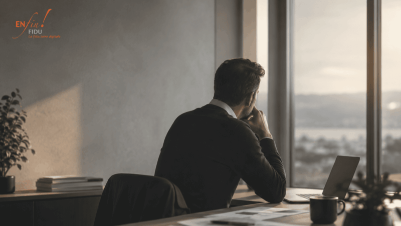 Dirigeant de PME suisse romande observant la ville depuis son bureau en fin de journée, illustrant le besoin de visibilité financière, de concordance comptable et de pilotage TVA dans une entreprise en croissance.