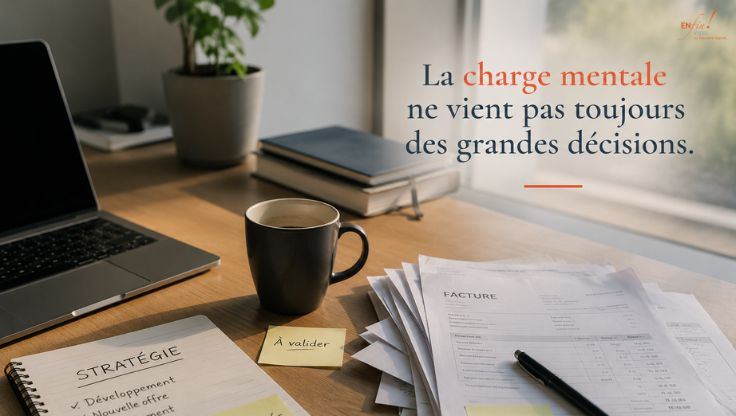 Bureau de dirigeant avec ordinateur, carnet de stratégie, tasse de café et pile de factures à traiter. L'image illustre la charge mentale causée par les interruptions administratives répétées dans une PME.